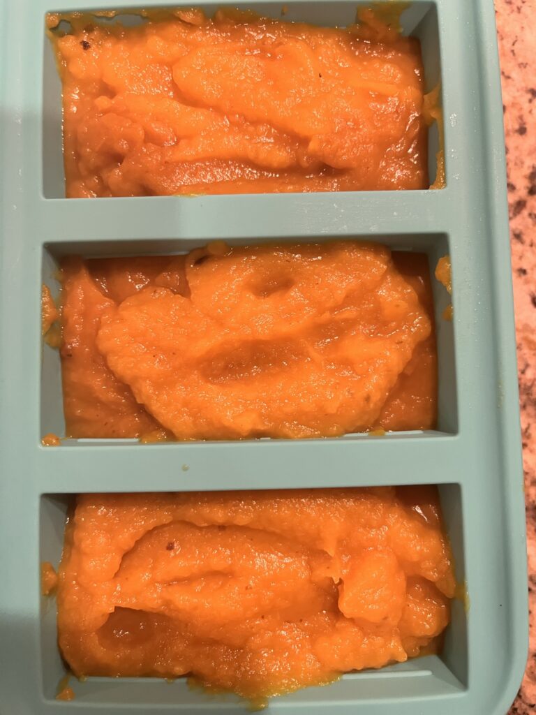 homemade pumpkin puree in souper cubes for freezing