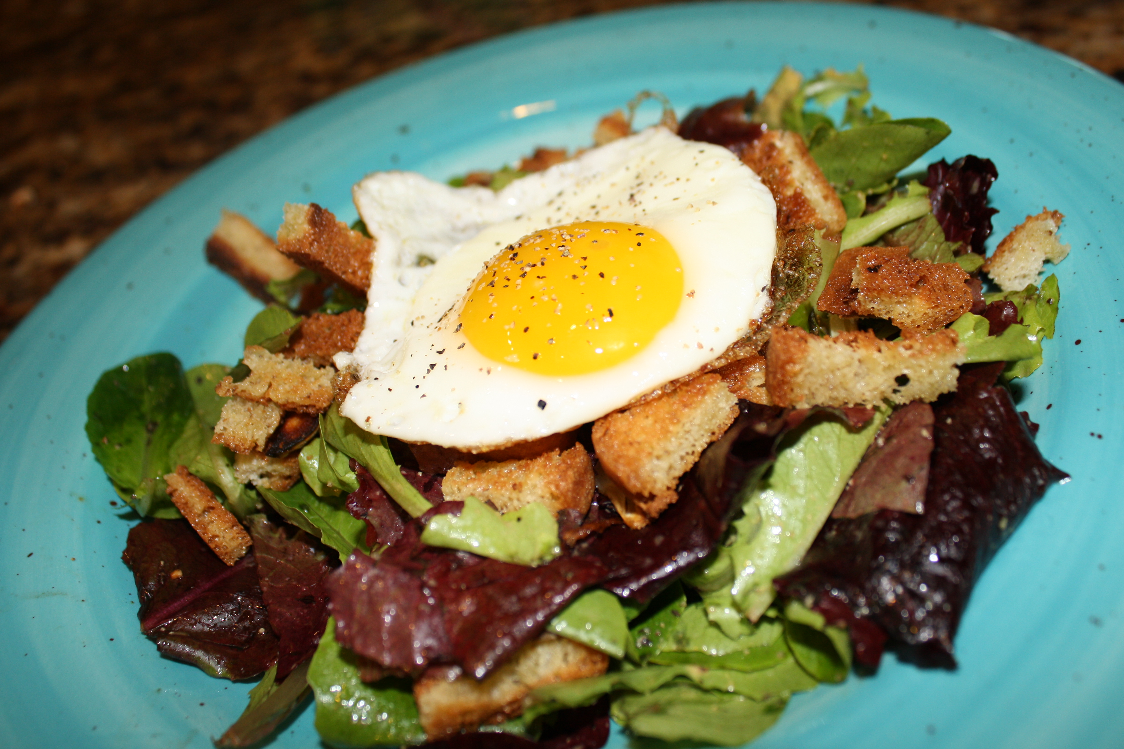 Paleo Fried Egg Green Salad w/ Warm Croutons Tessa the Domestic Diva