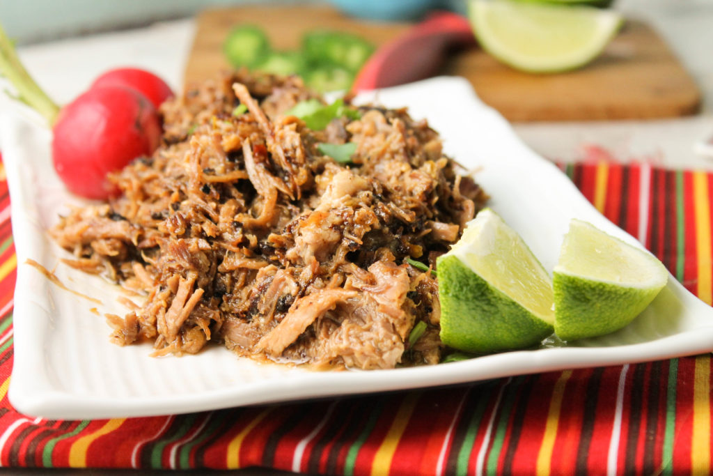 shredded pork atop a white plate on a red striped fabric looking eye level