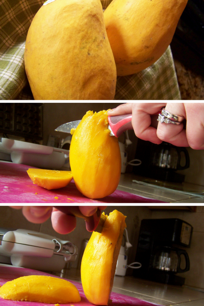 collage of how to prep and cut a thai mango
