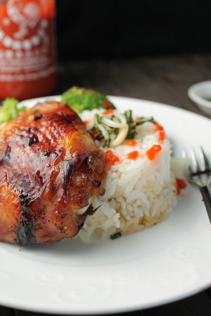 a crispy skinned roast chicken thigh with sticky rice and green onion oil drizzled on top