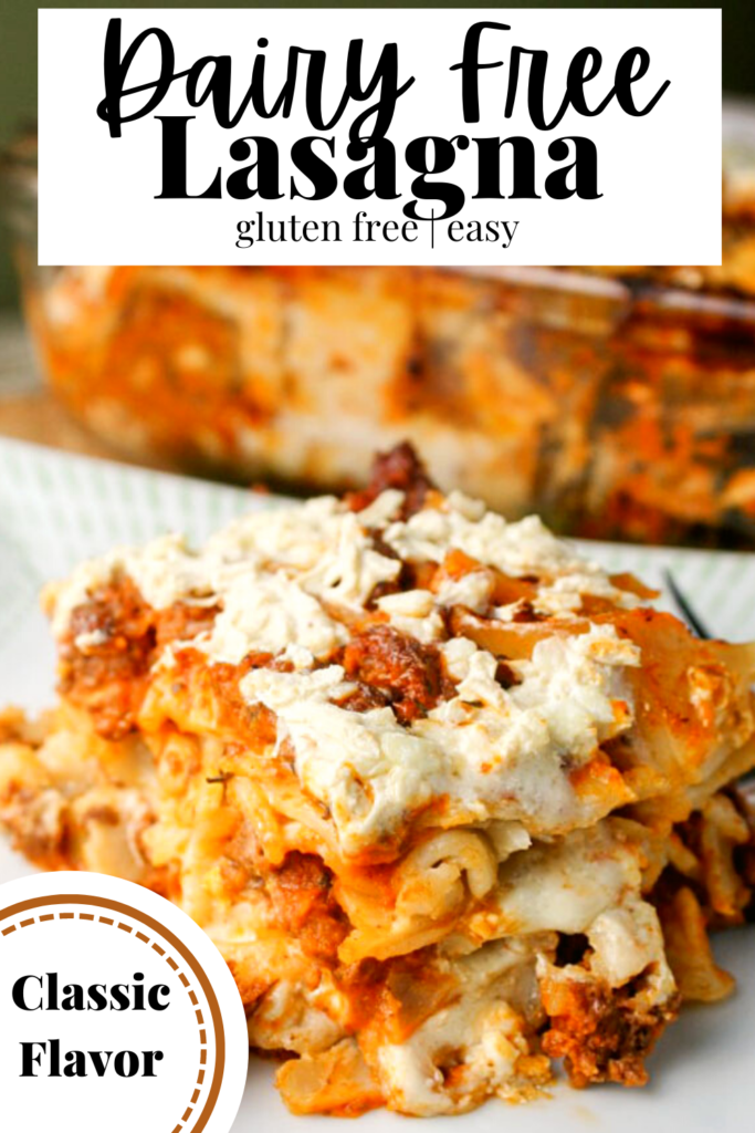 pinterest ready close up of a square slice of lasagna with a creamy white topping