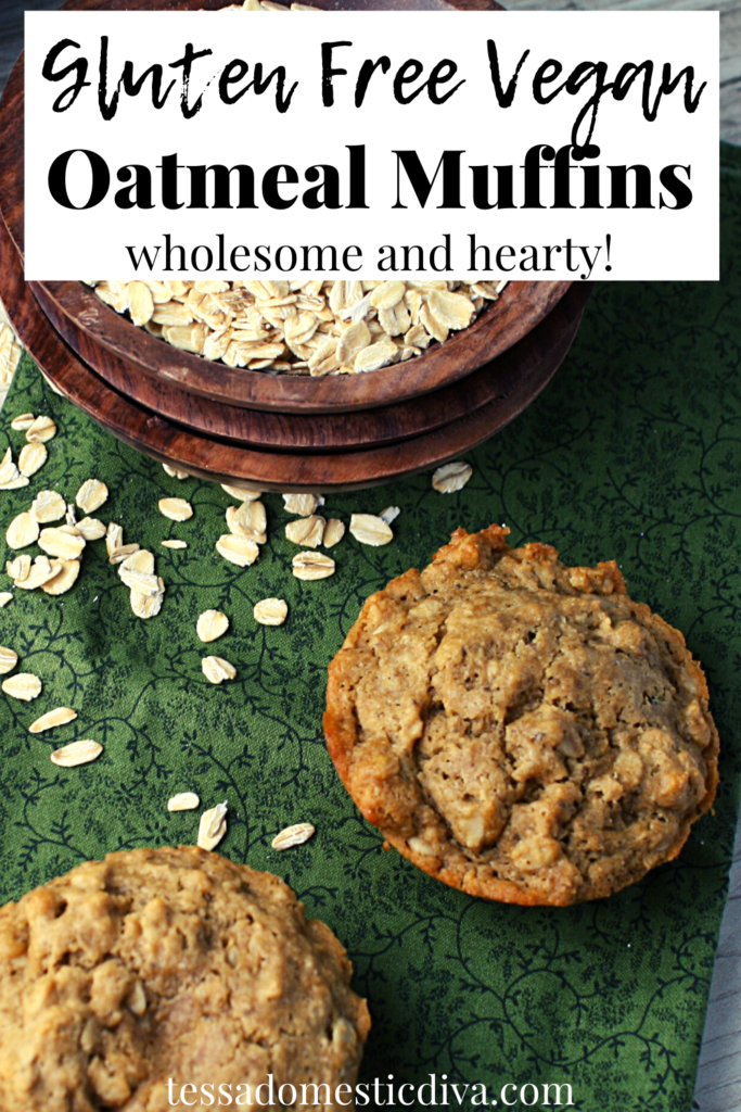 pinterest ready oatmeal studded muffins from overhead with a scattering of rolled oats on a green cloth