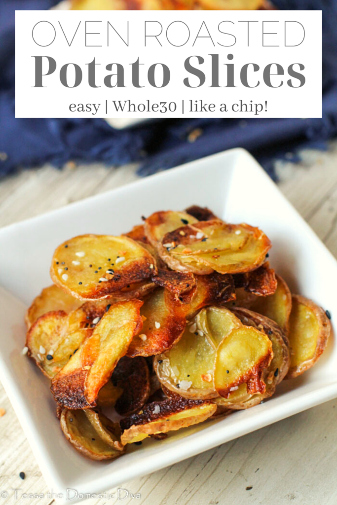 pinterest ready white bowl filled with roasted potato slices.