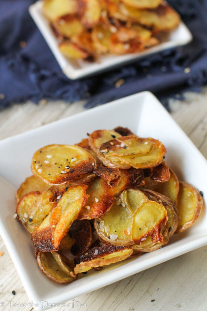 close up of sliced roasted potatoes 