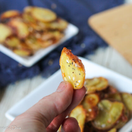 handheld homemade potato chip with everything seasoning