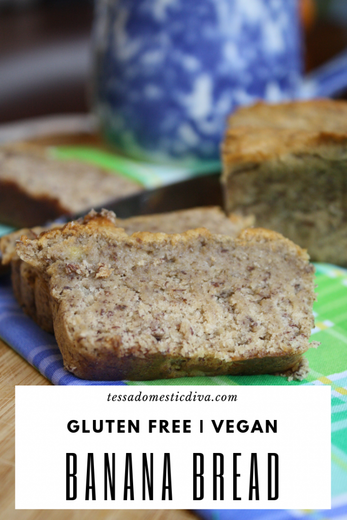 pinterest ready image of sliced banana bread on a cobalt and lime linen atop a wooden cutting board