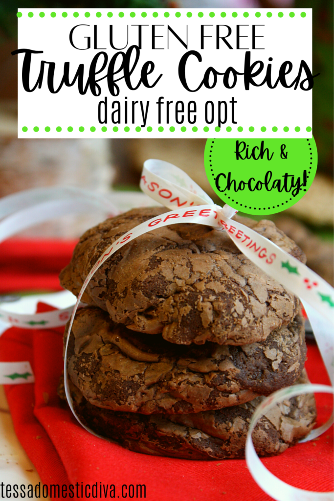 pinterest ready stack of three dense chocolate cookies tied together with a white holiday ribbon on a Christmas red cloth