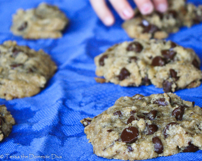 chococlate chip cookies arranged on a blue cloth with a child's hand reaching for a cookie