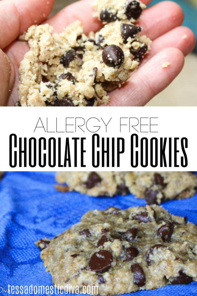 pinterest ready two image layout of allergy free chocolate chip cookies on a blue cloth