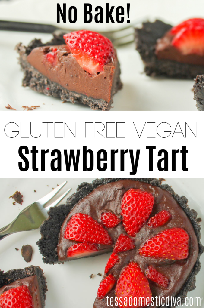 pinterest ready personal tarts with a chocolate cookie crust filled with chocolate ganache and topped with sliced fresh strawberries 