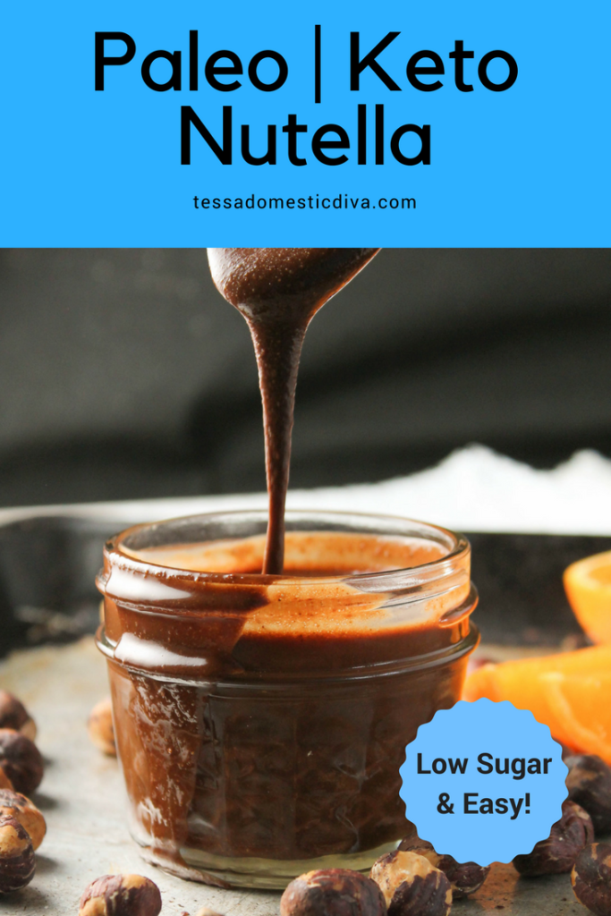 pinterest image of nutella dripping off spoon into small mason jar