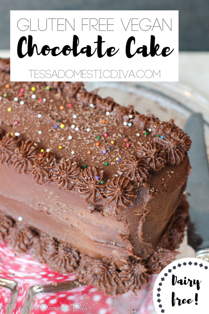 pinterest ready chocolate layer cake with chocolate frosting and sprinkles.