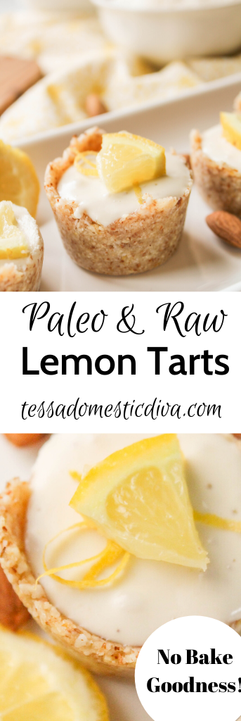 pinterest ready individual lemon tratlets in a coconut and almond crust with a fresh lemon garnish atop the creamy white filling
