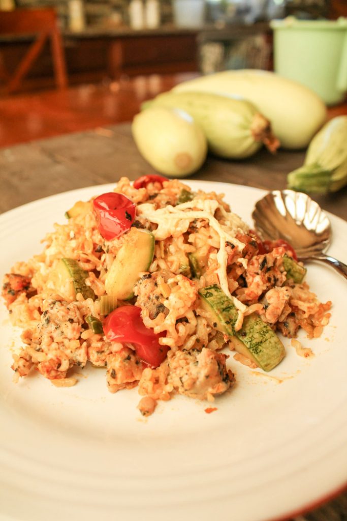 from the front view of a white plate filled with brown rice, zucchini, tomato, and cheese casserole