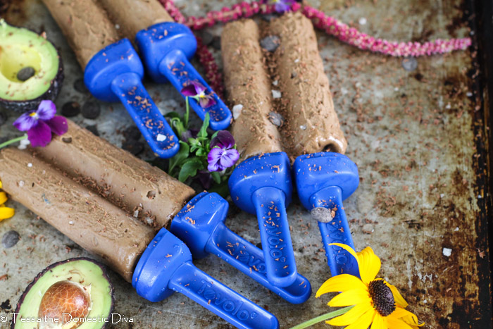 two homemade fudgesicles with avocado and fresh flowers