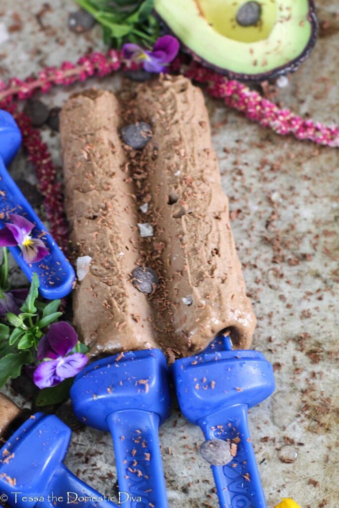 a single fudge pop with a halved avocado and fresh flowers