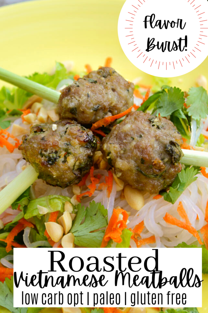 pinterest ready yellow plate with shiritaki noodles and roasted pork meatballs with fresh vegetables