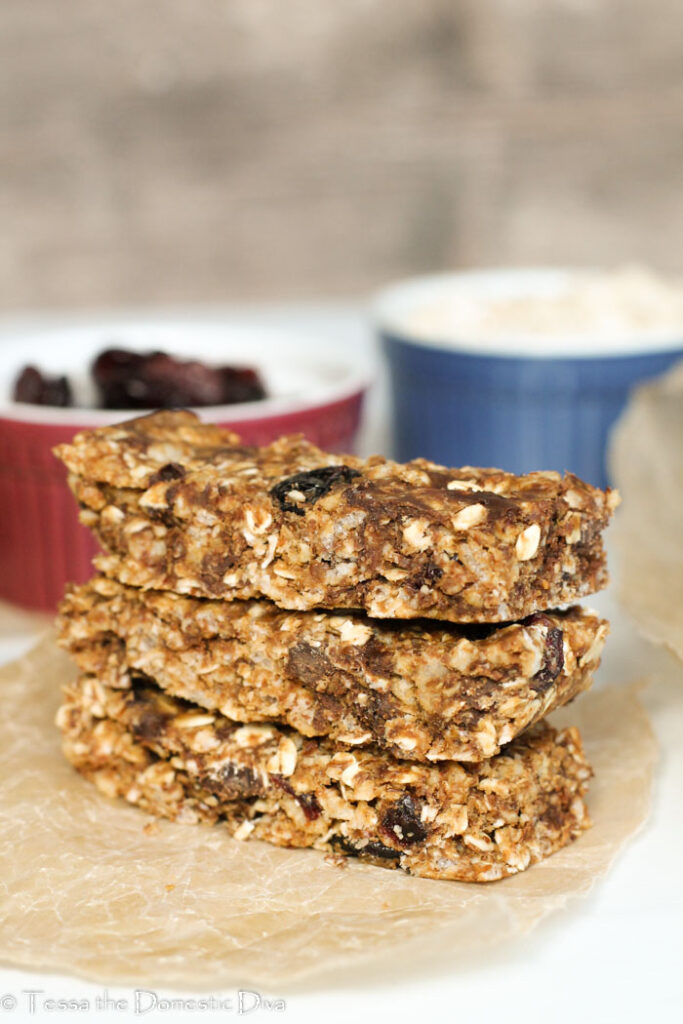 a stack of rectangle cut no bake granola bars.