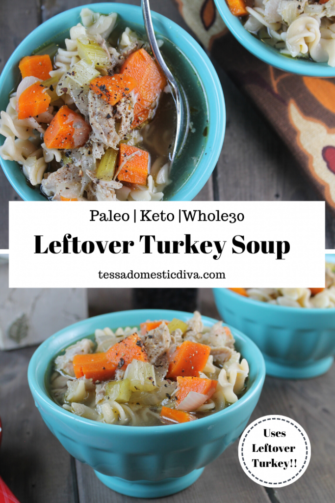 pinterest ready two image layout of aqua bowls of steaming turkey soup with chunks of carrots, celery, and noodles