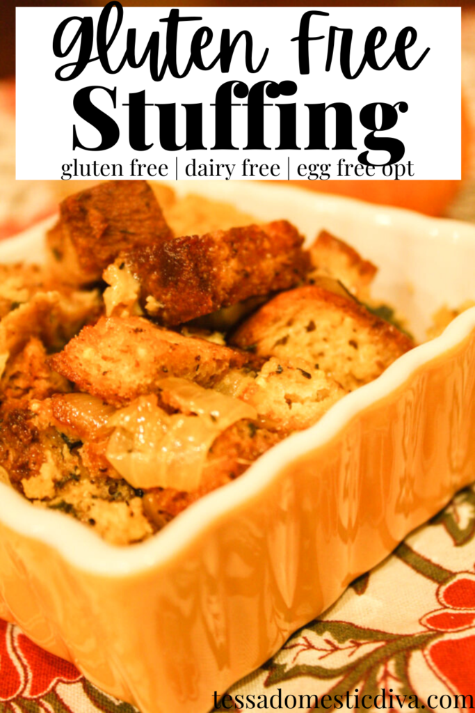 pinterest ready baking square baking dish with a homemade stuffing on a leaf themed cloth