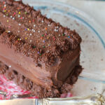 a chocolate frosted chocolate layer cake with sprinkles