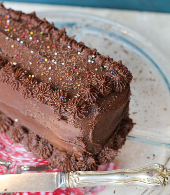 a chocolate frosted chocolate layer cake with sprinkles