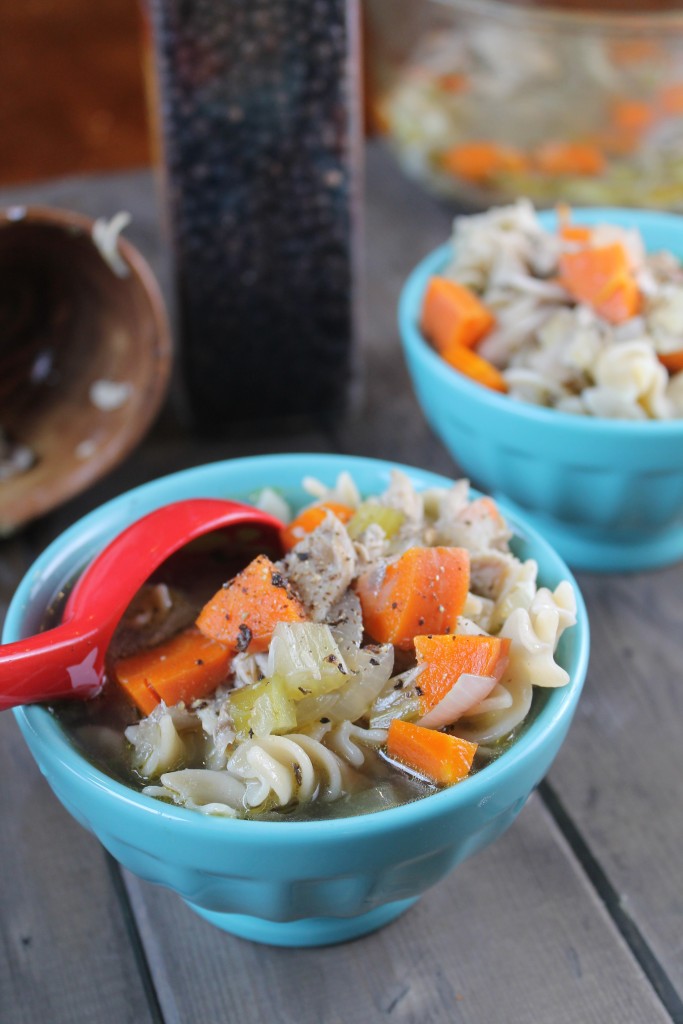 two turquoise bowls filled with leftover turkey bits, carrots, and rotini noodles in a broth