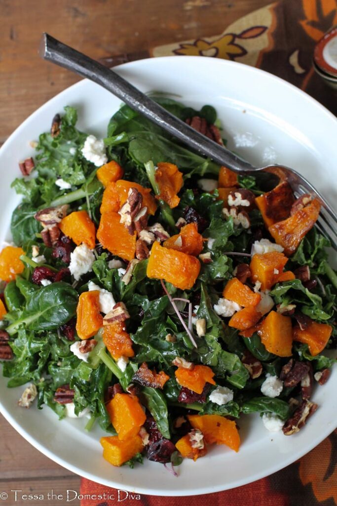 birds eye view of a white bowl with a kale salad, butternut squash, and cranberries.