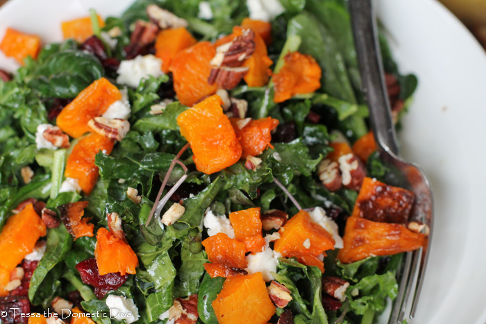 close up of a kale salad with cranberry, squash, and goat cheese