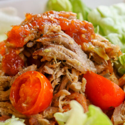 close up eye level view of tender shreds of pulled pork shoulder in a green chile sauce with cherry tomato halves atop butter lettuce