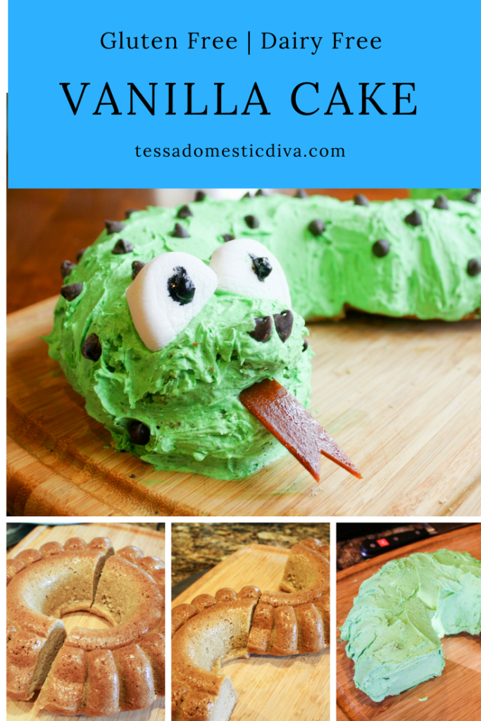 pinterest ready snake shape cake tutorial with green frosting and chocolate chip spots