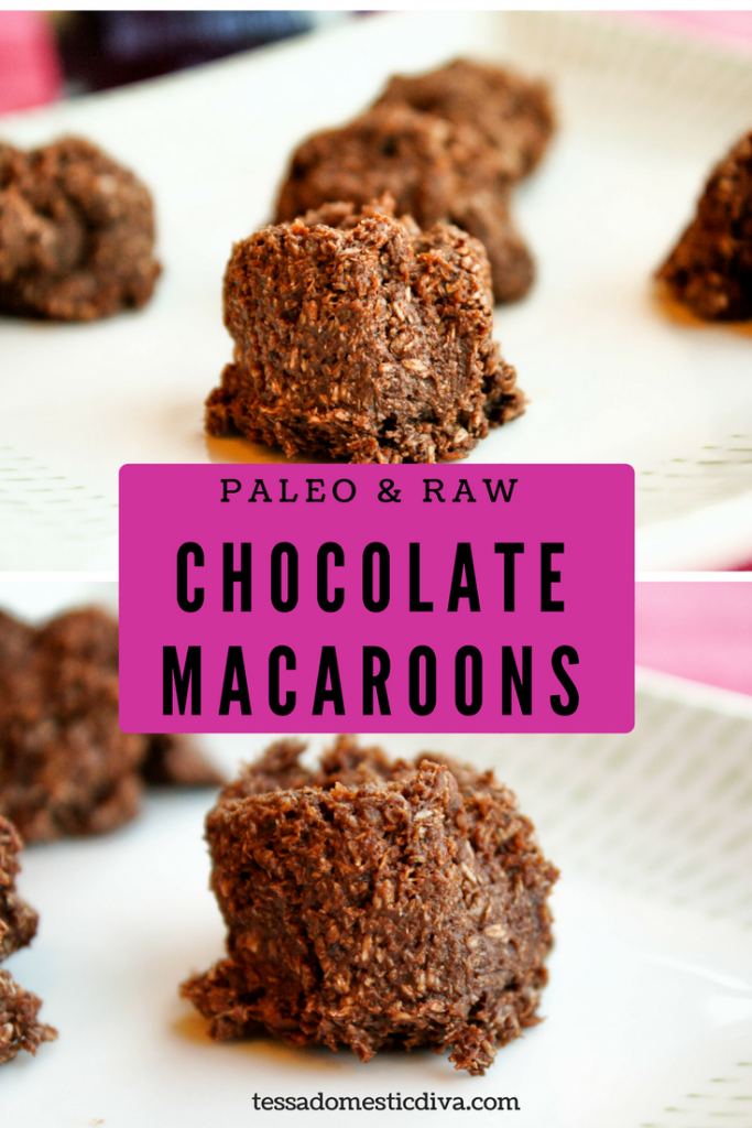 optimized for pinterest collage of paleo chococlate macaroons on a white plate, eye level