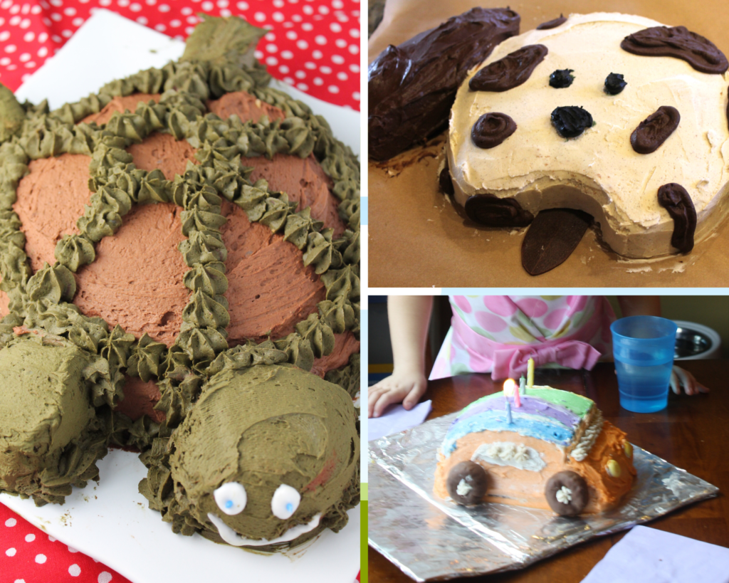 a collage of cut up birthday cakes for kids including a turtle cake, puppy cake, and beetle bug cake