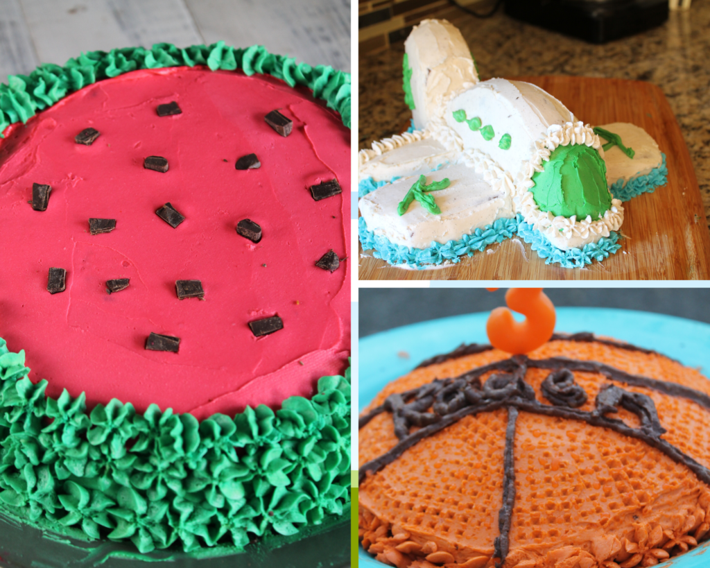 collage of cut up birthday cakes for kids including a watermelon cake, airplane cake, and basketball cake