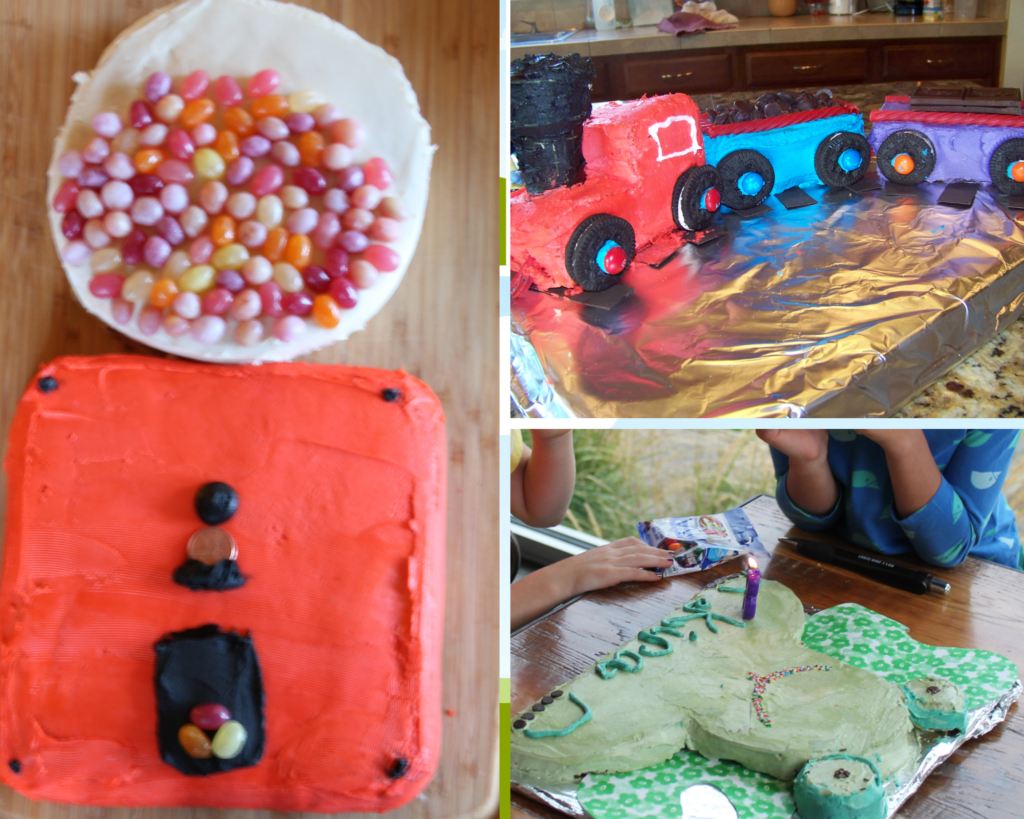 a collage easy cut out cakes for kids including a gumball machine, train cake, and a frog shaped cake