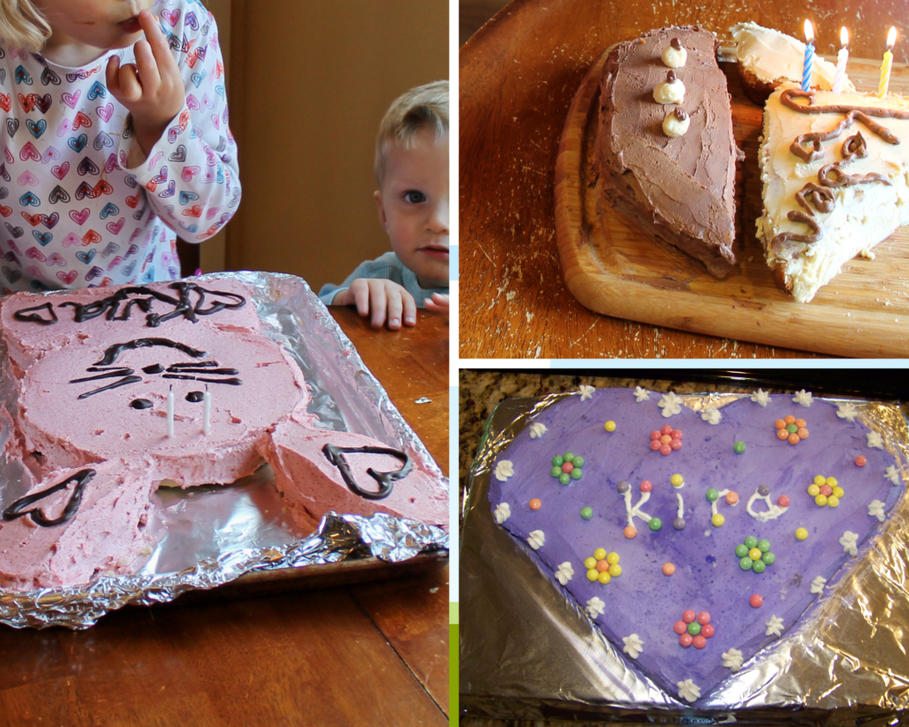 a collage of easy cut out cakes for kids including a bunny cake, heart shape cake, and a pirate ship cake