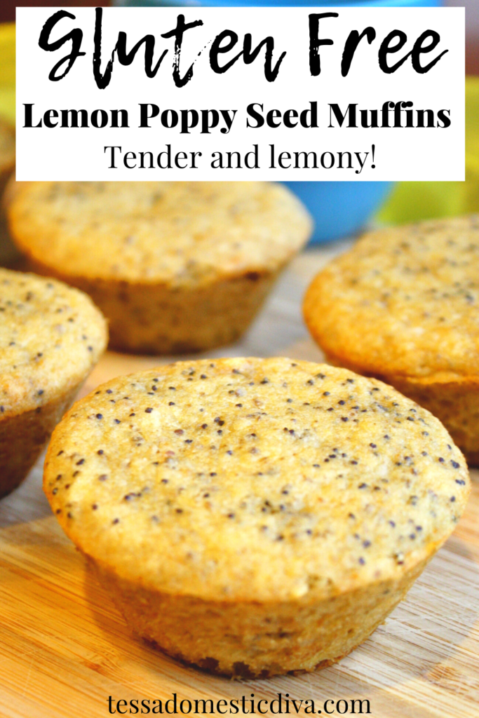 pinterest ready lemon poppy seed muffins arranged on a bamboo cutting board