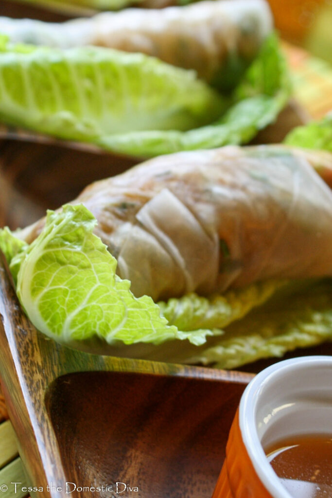 close up of one veggie salad roll wrapped in rice paper.