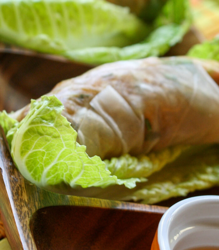 close up of one veggie salad roll wrapped in rice paper