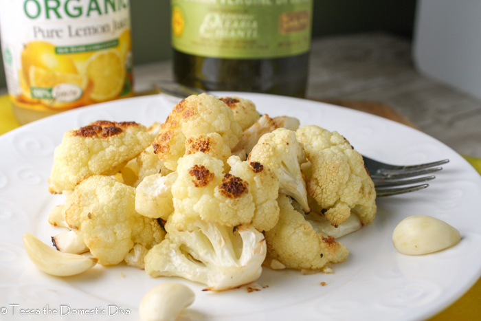 eye level roasted cauliflower with lemon and garlic.