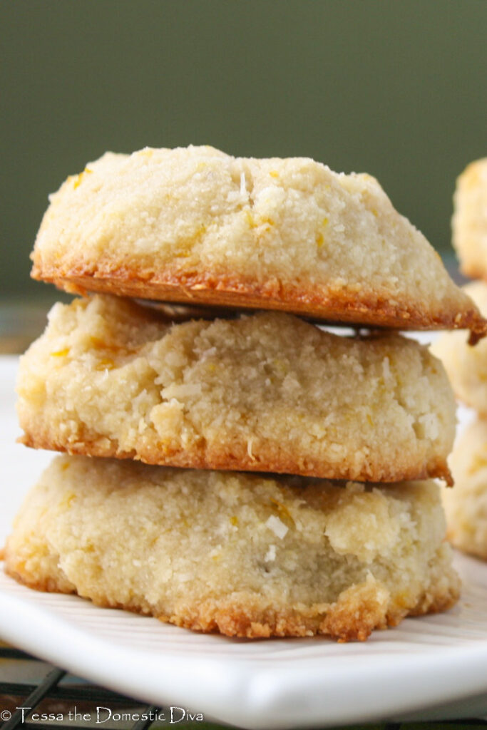 close up eye level stack of three almond flour cookies stacked on each other