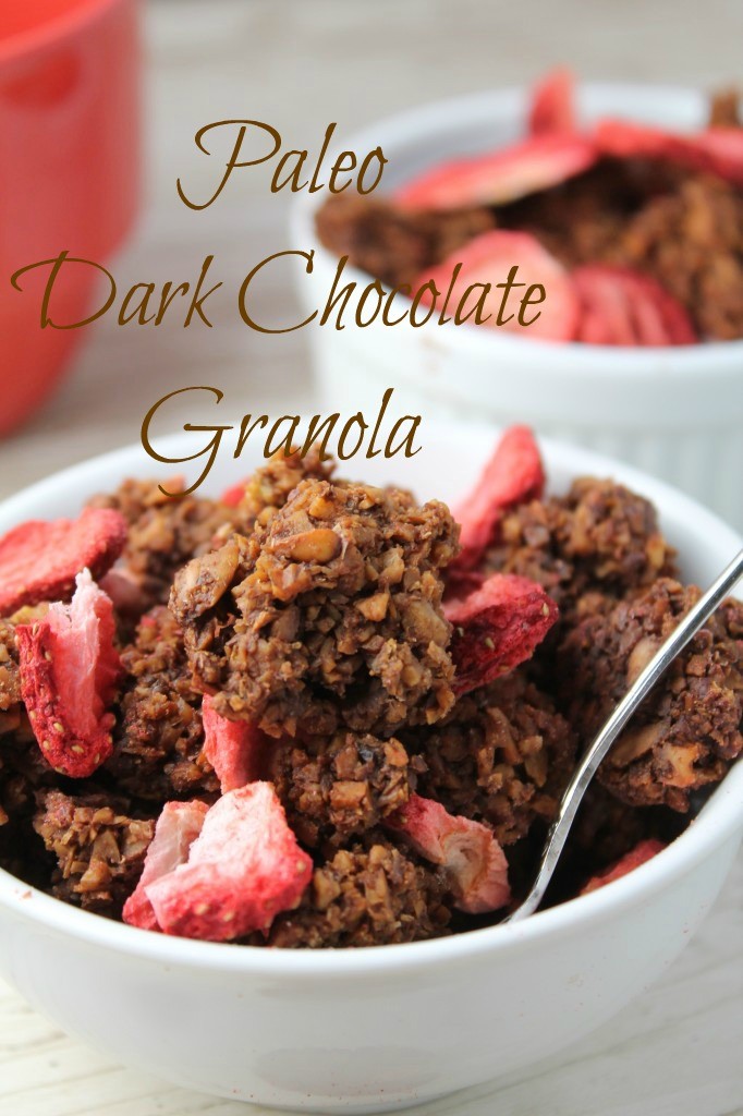 a close up of a white bowl filled with chocolate nut granola with freeze dried strawberries