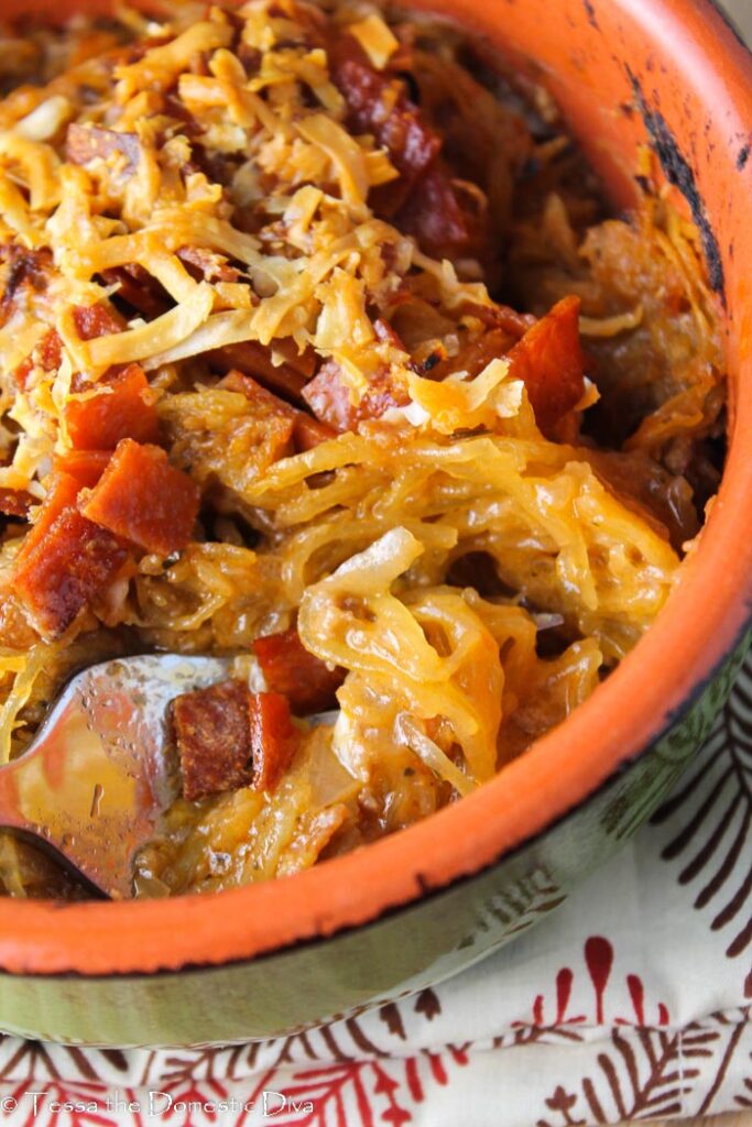 overhead view close up of a pepperoni and cheese spaghetti squash casserole