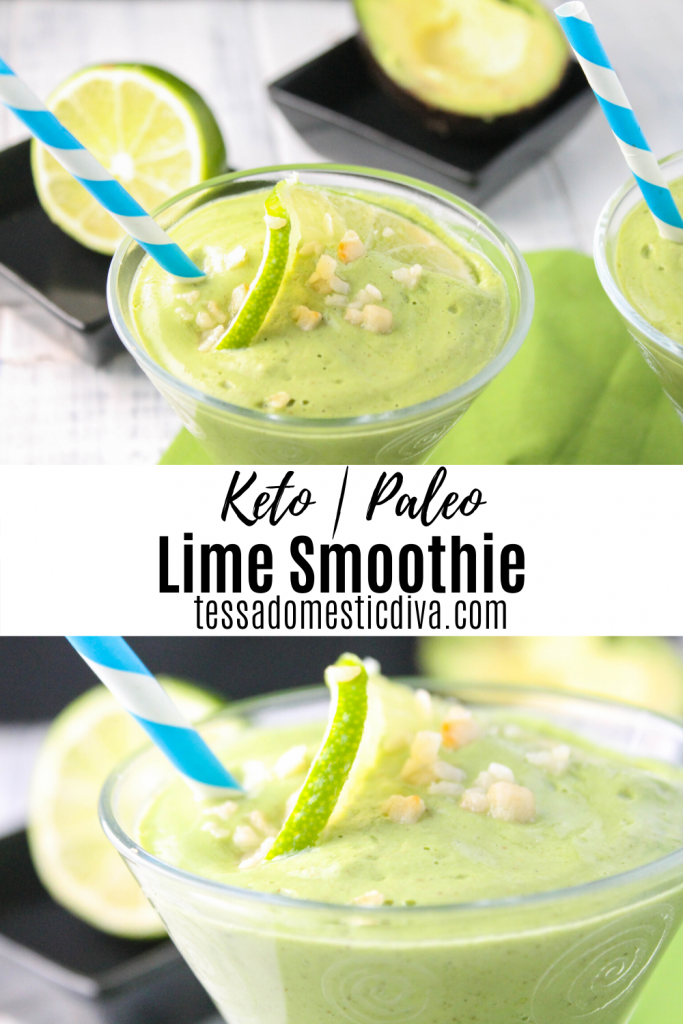 optimized for pinterest keto lime smoothie in a clear glass cup with a blue and white striped paper straw on a white washed wooden surface