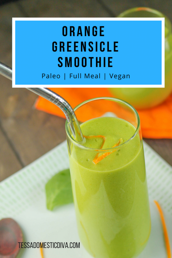 optimized for pinterest vibrant lime green smoothie in a clear glass with a stainless steel straw and a garnish of orange zest
