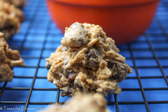 a single chocolate chip studded oatmeal cookie atop a cooling rack with a bright blue cloth