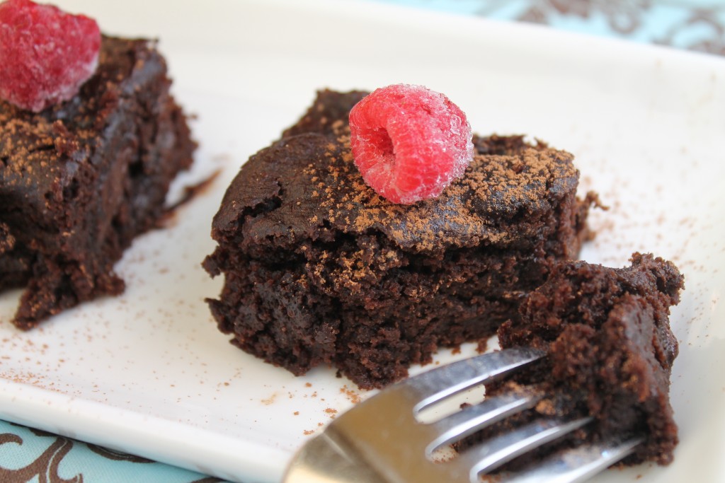 a couple of squares of of chocolate cake with a dusting of cocoa powder and fresh raspberry