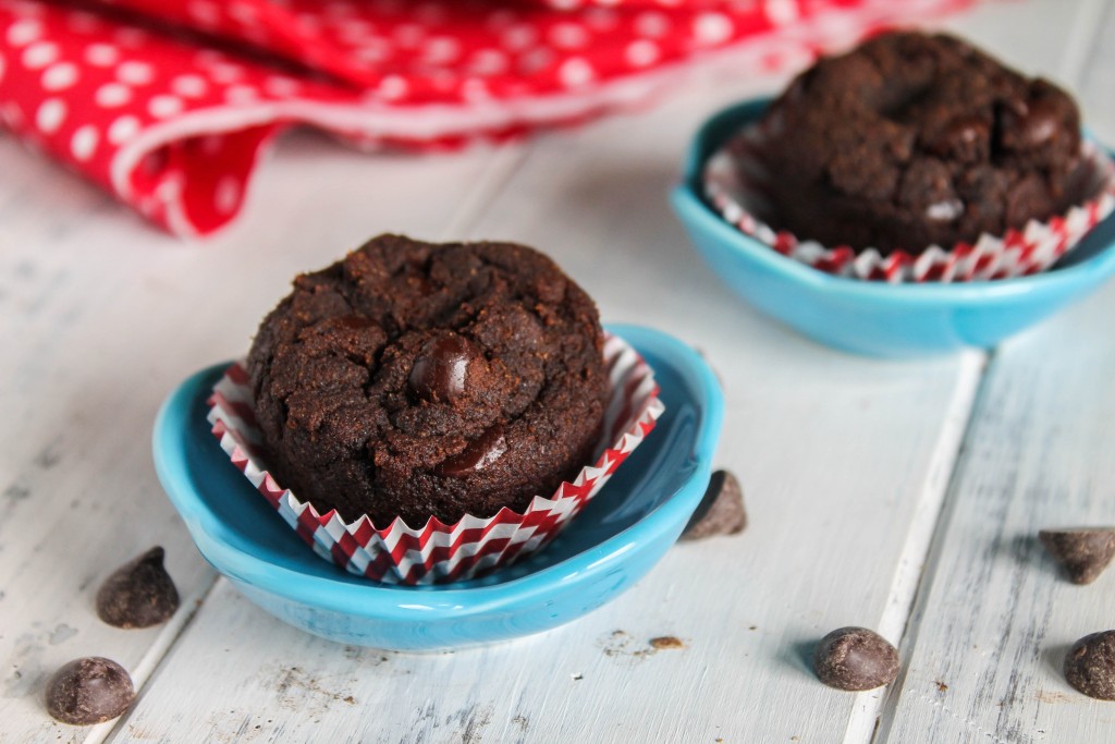 horizontal image of two chocolate mini muffins pebbled with chocolate chips in red and white barber striped paper muffin liners and turquoise dipping dish