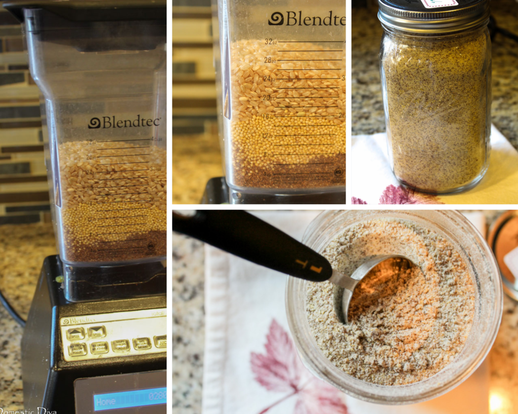 a progression of how to grind gluten free cream of wheat in your blender and store in a mason jar